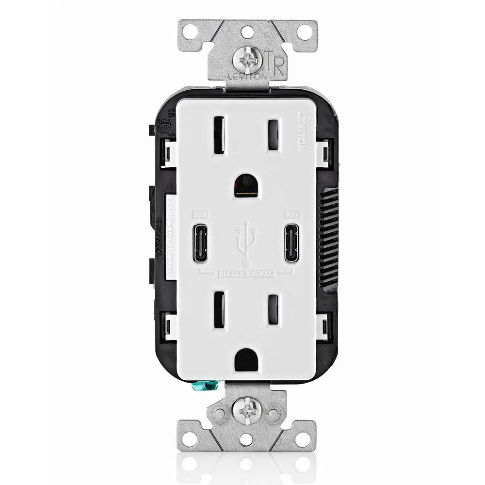 Leviton T5635-W 30W (6A) USB Dual Type-C/C Power Delivery In-Wall Charger with 15A Tamper-Resistant Outlet, USB Charger for Tablets