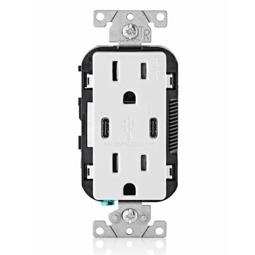 Leviton T5635-W 30W (6A) USB Dual Type-C/C Power Delivery In-Wall Charger with 15A Tamper-Resistant Outlet, USB Charger for Tablets